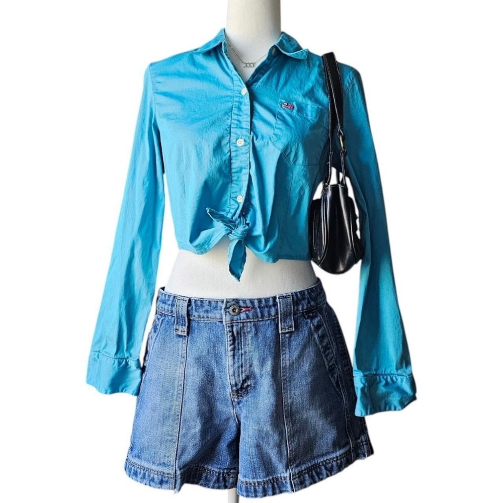 Y2k Blue Ralph Lauren Cropped Button Down Tie Front Longsleeve | Size Medium